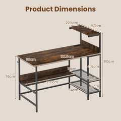 122.5 CM Computer Desk with Power Outlets & Storage Shelves and Headphone Hook for Working-Rustic Brown