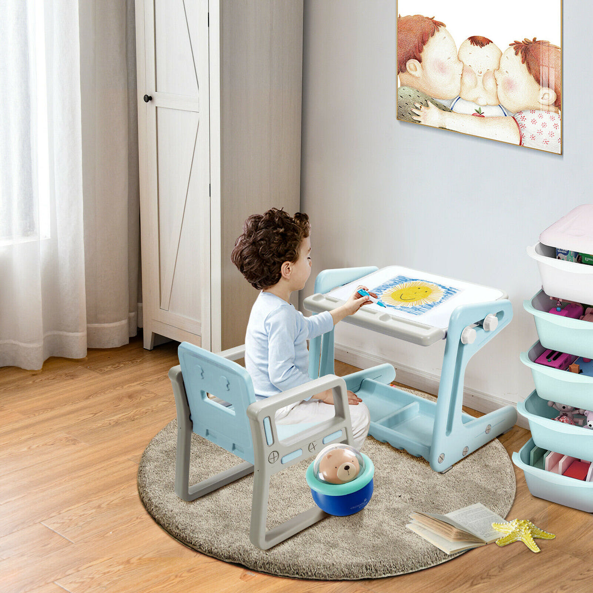 Children's Art Easel / Table and Chair Set with Ample Storage Space-Blue
