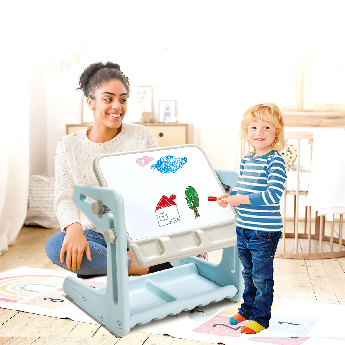 Children's Art Easel / Table and Chair Set with Ample Storage Space-Blue