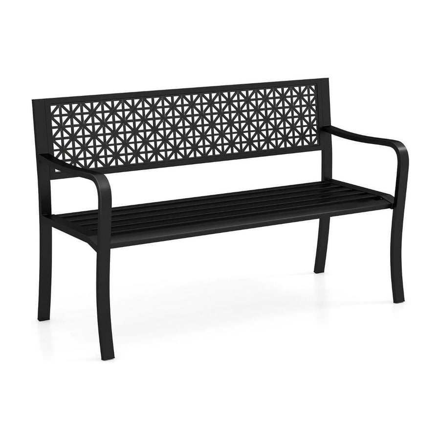127CM Garden Bench with Patterned Backrest and Curved Armrests2-3-Person Patio Bench-Black