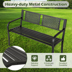 127CM Garden Bench with Patterned Backrest and Curved Armrests-Black