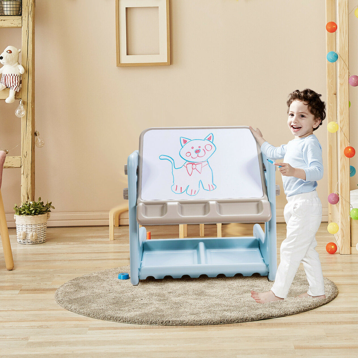 Children's Art Easel / Table and Chair Set with Ample Storage Space-Blue
