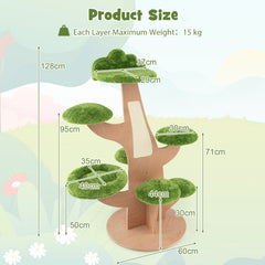128 cm Pine Shape Cat Tree Cute Multi-level Cat Tower with Sisal Scratching Board-Green