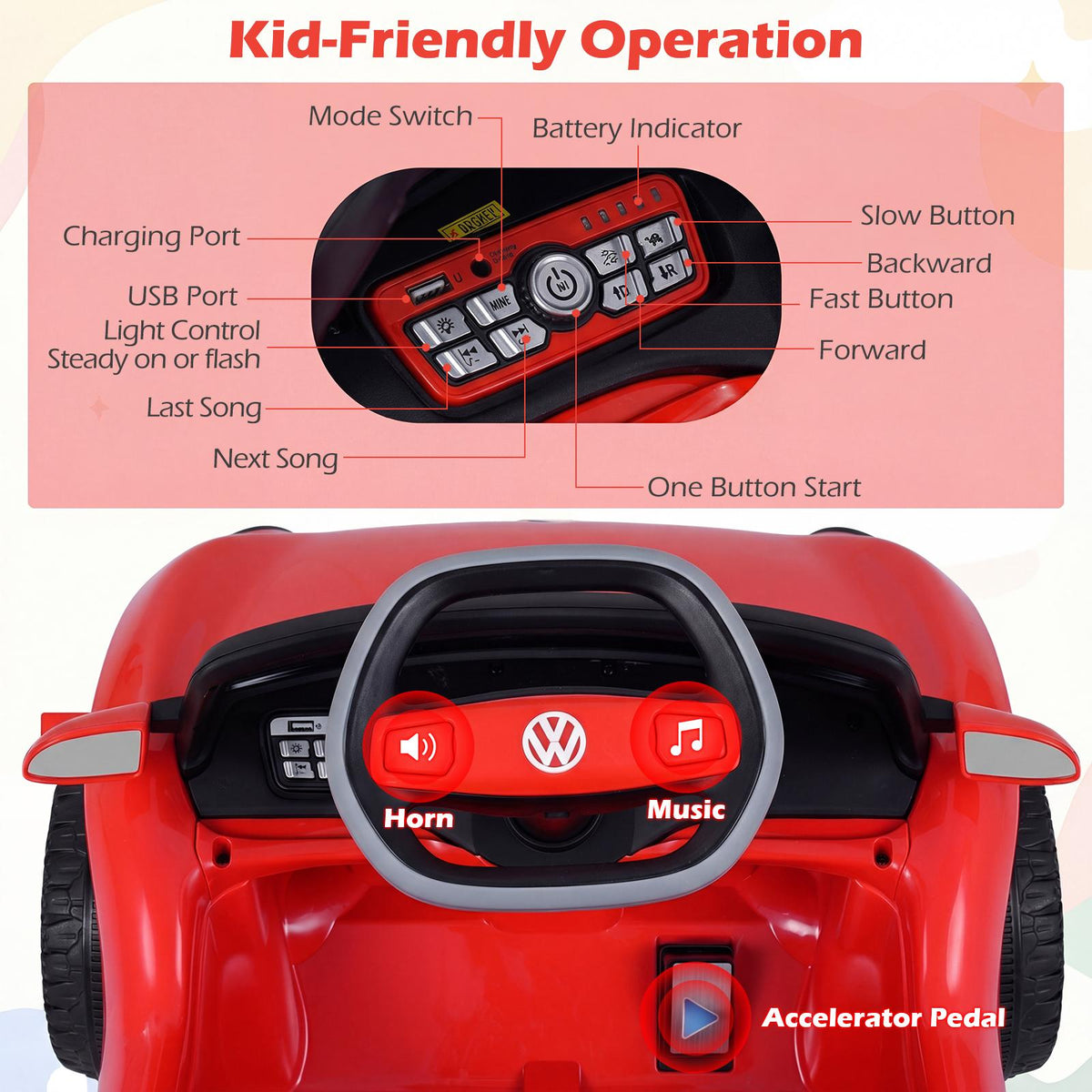 12V Kids Electric Car Licensed Volkswagen with Remote and LED Headlights-Red