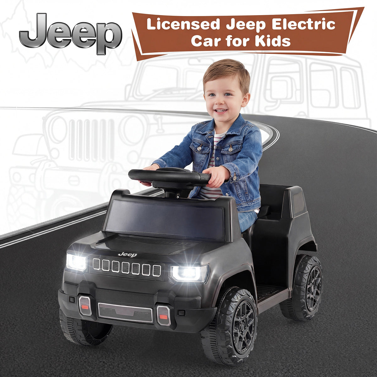 12V Kids Ride On Car Licensed Jeep Electric Vehicle with LED Lights for 18-96 Months-Black