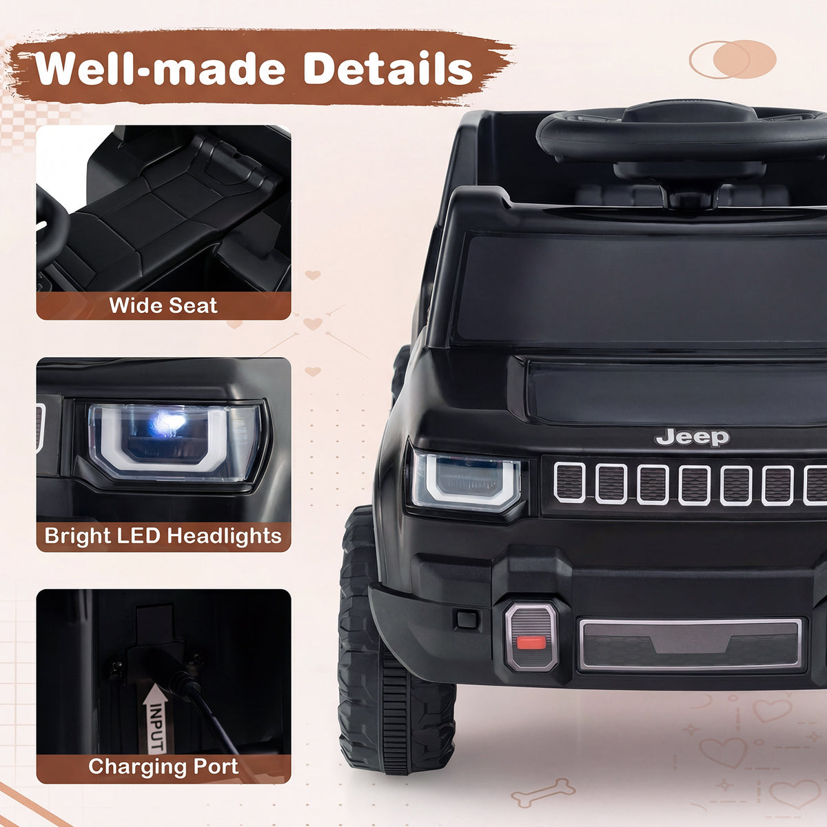 12V Kids Ride On Car Licensed Jeep Electric Vehicle with LED Lights for 18-96 Months-Black