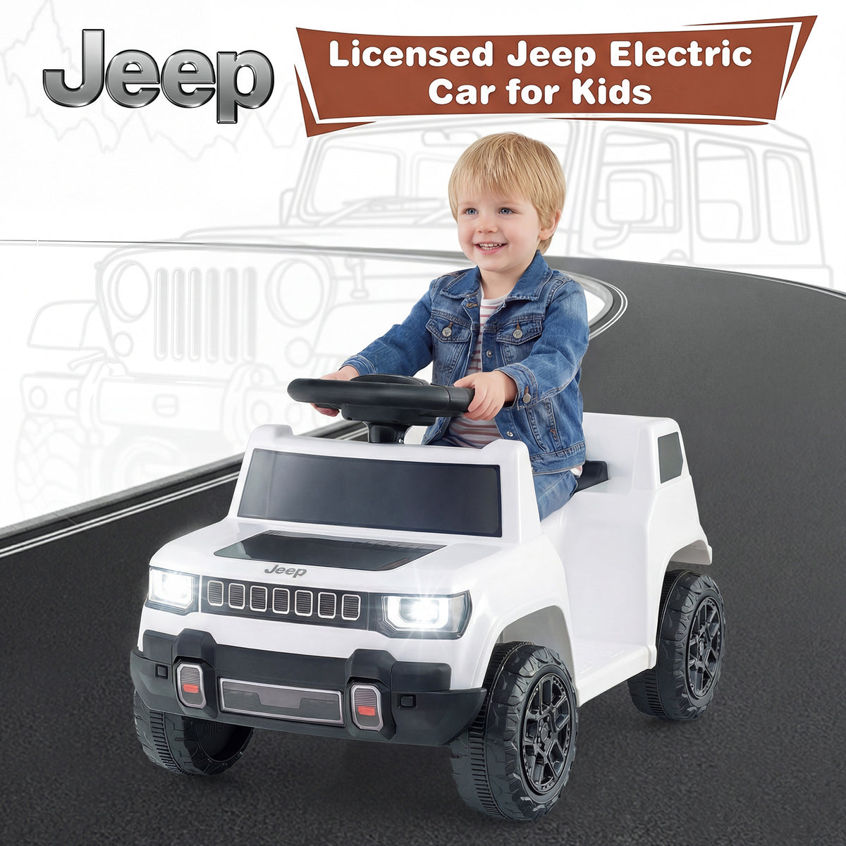 12V Kids Ride On Car Licensed Jeep Electric Vehicle with LED Lights for 18-96 Months-White