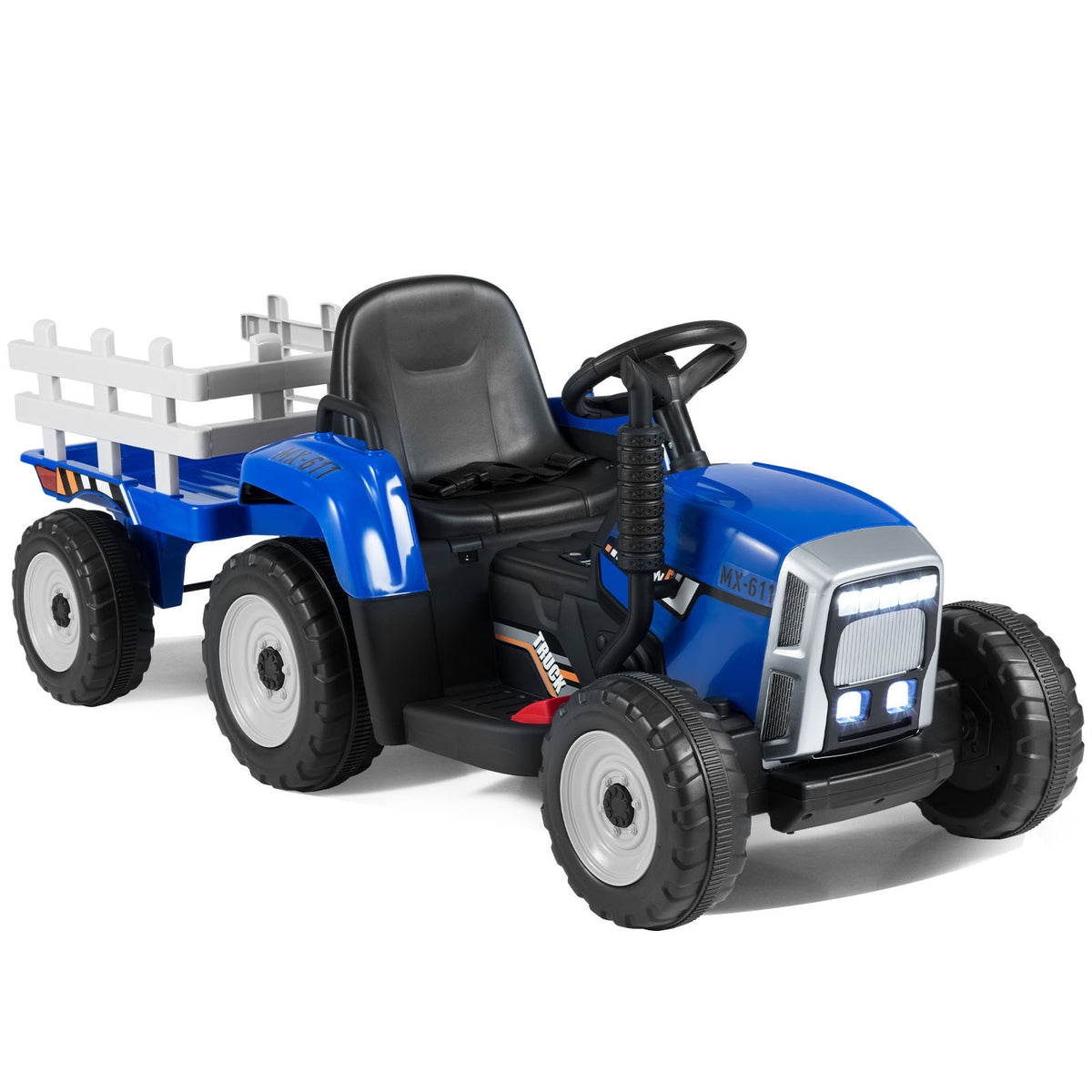 12V Kids Ride On Tractor with Trailer Music and LED Lights-Blue