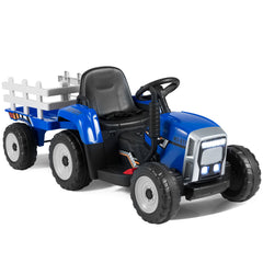 12V Kids Ride On Tractor with Trailer Music and LED Lights-Blue