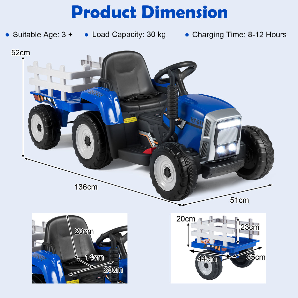 12V Kids Ride On Tractor with Trailer Music and LED Lights-Blue
