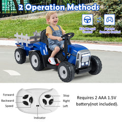 12V Kids Ride On Tractor with Trailer Music and LED Lights-Blue