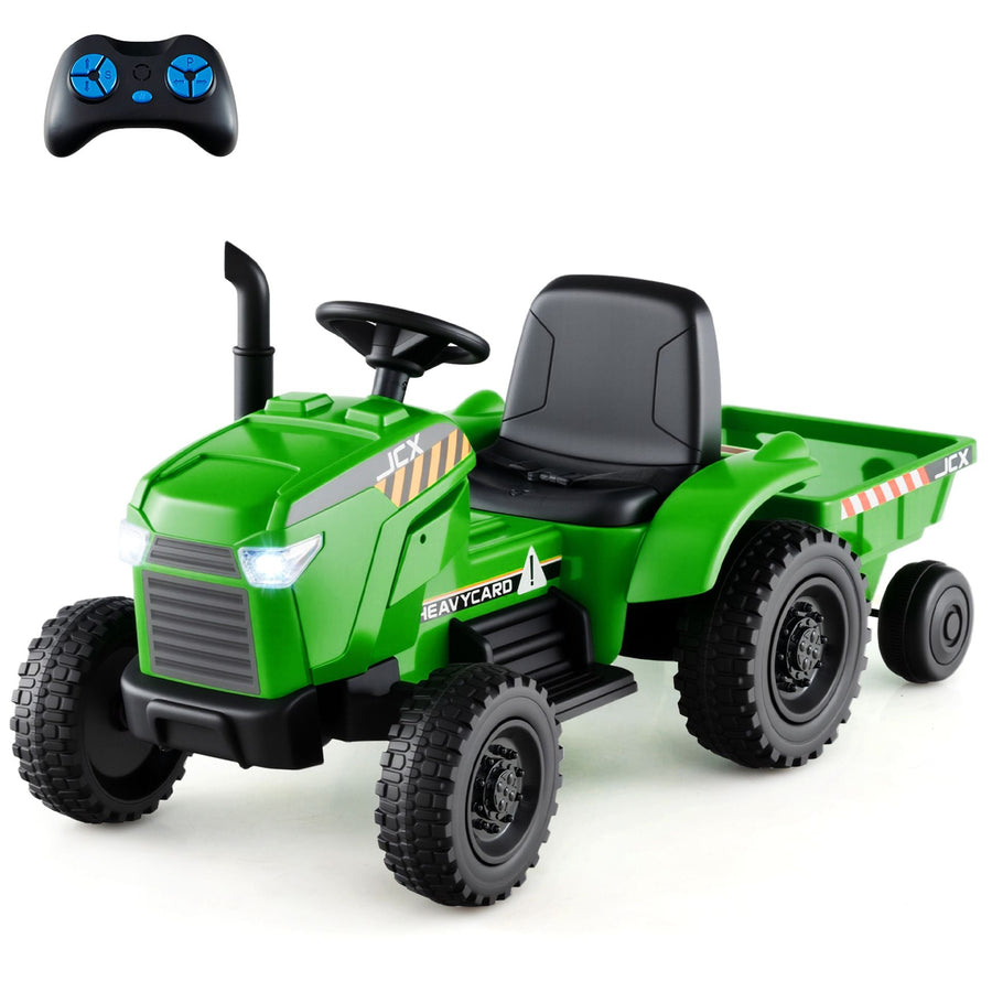 12V Kids Ride On Tractor with Trailer, a light green ride on tractor with a detachable trailer