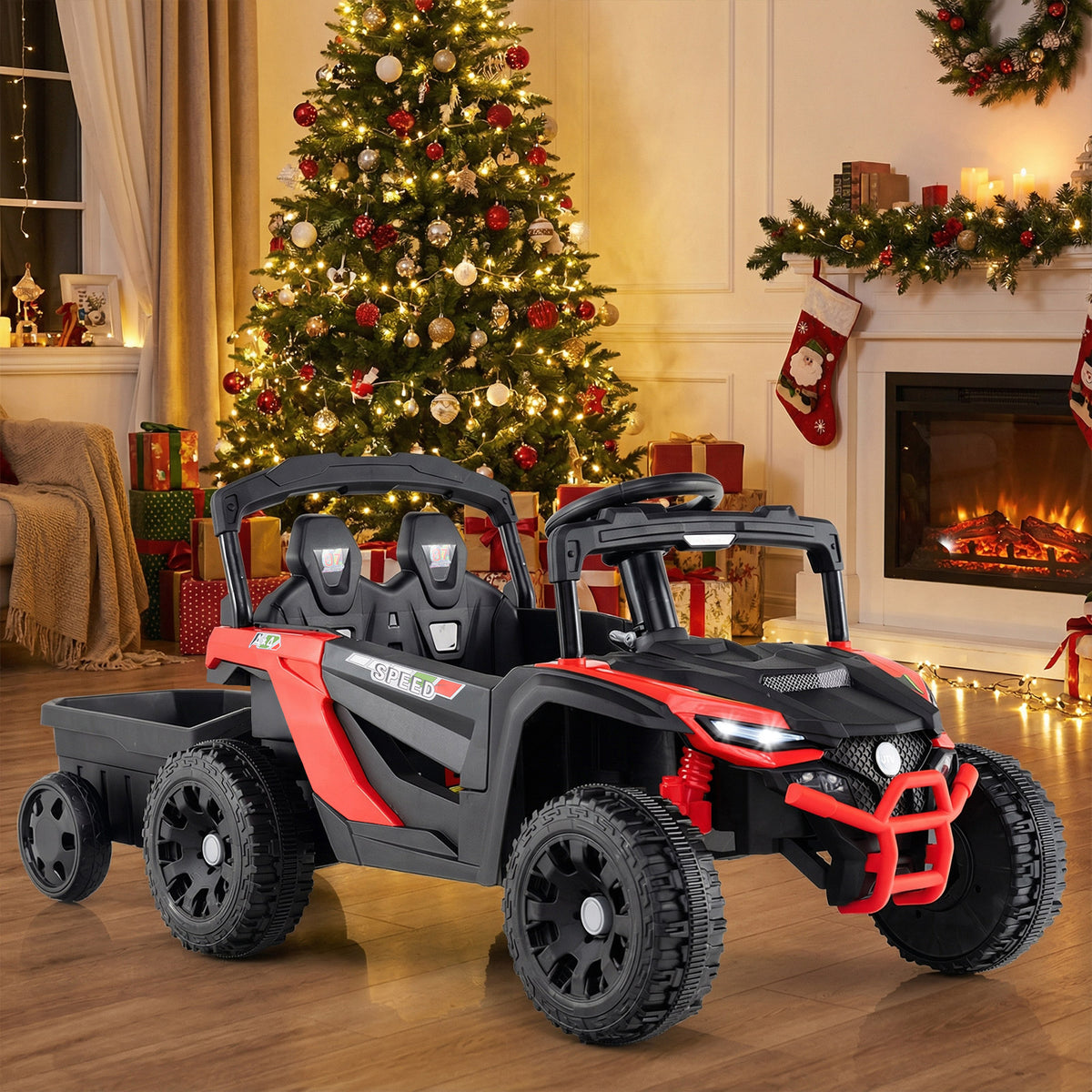 12V Kids Ride On UTV Tractor with Detachable Trailer-Red