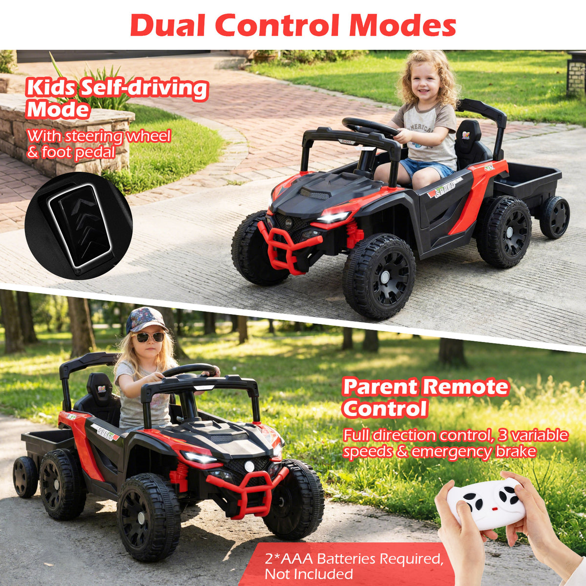 12V Kids Ride On UTV Tractor with Detachable Trailer-Red