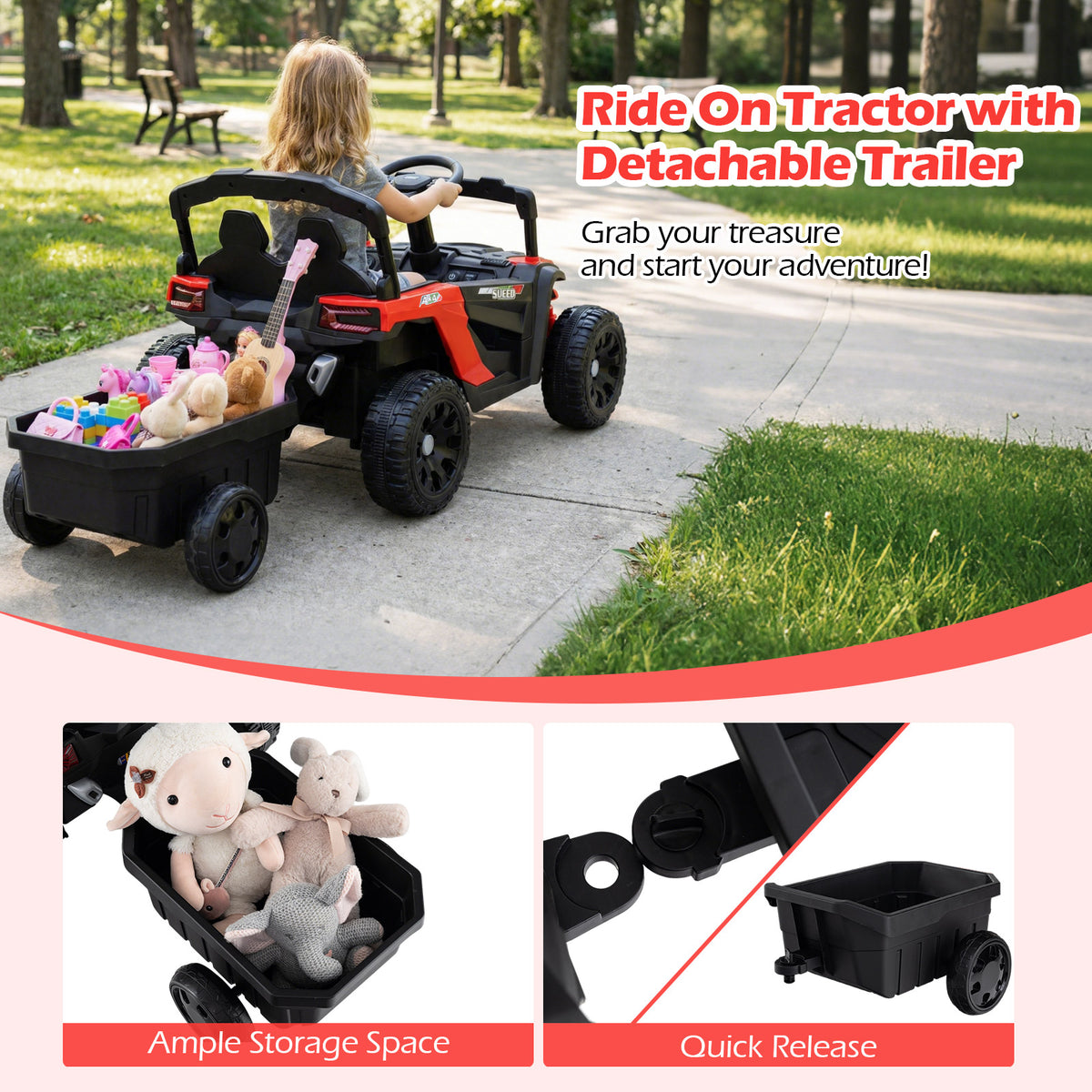 12V Kids Ride On UTV Tractor with Detachable Trailer-Red