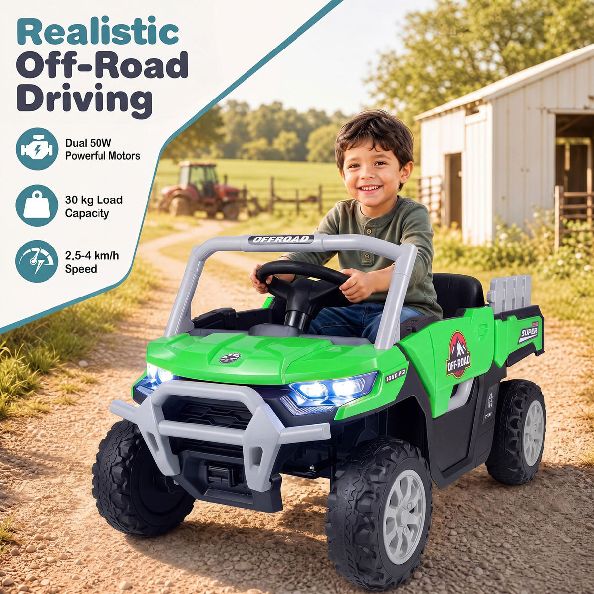 12V Kids Ride on Car with Dual 50W Motors and Remote Control-Green