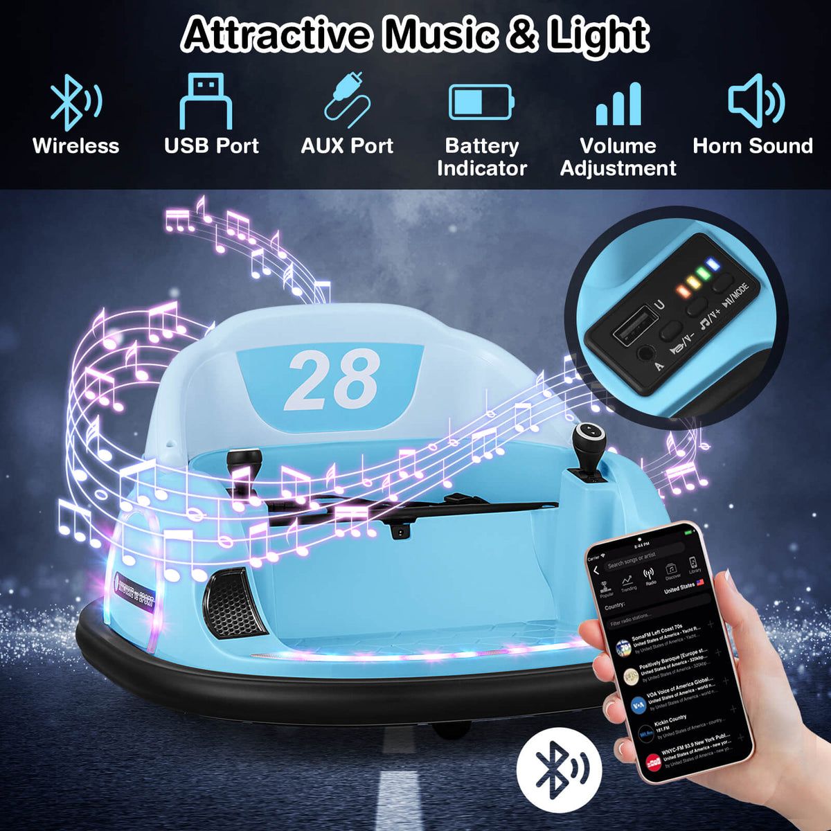 12V Kids Ride on Bumper Car with Flashing Lights and Remote Control-Blue