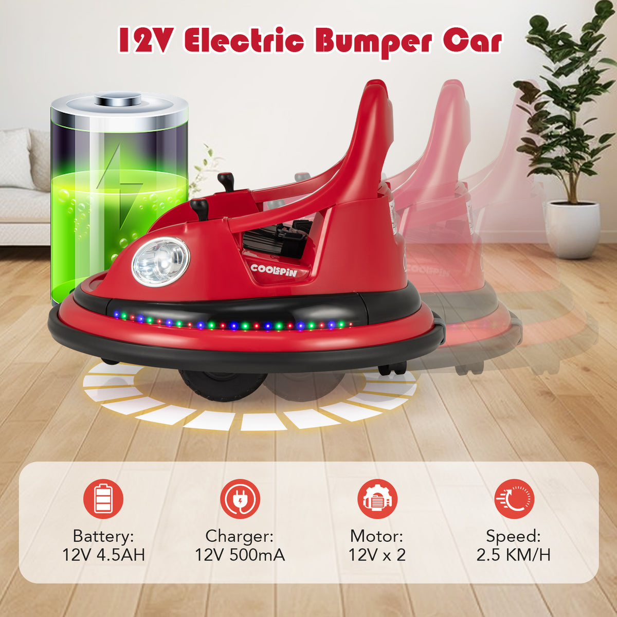 12V Kids Ride On Bumper Car with Dual Joysticks and 5 Light Effects-Red