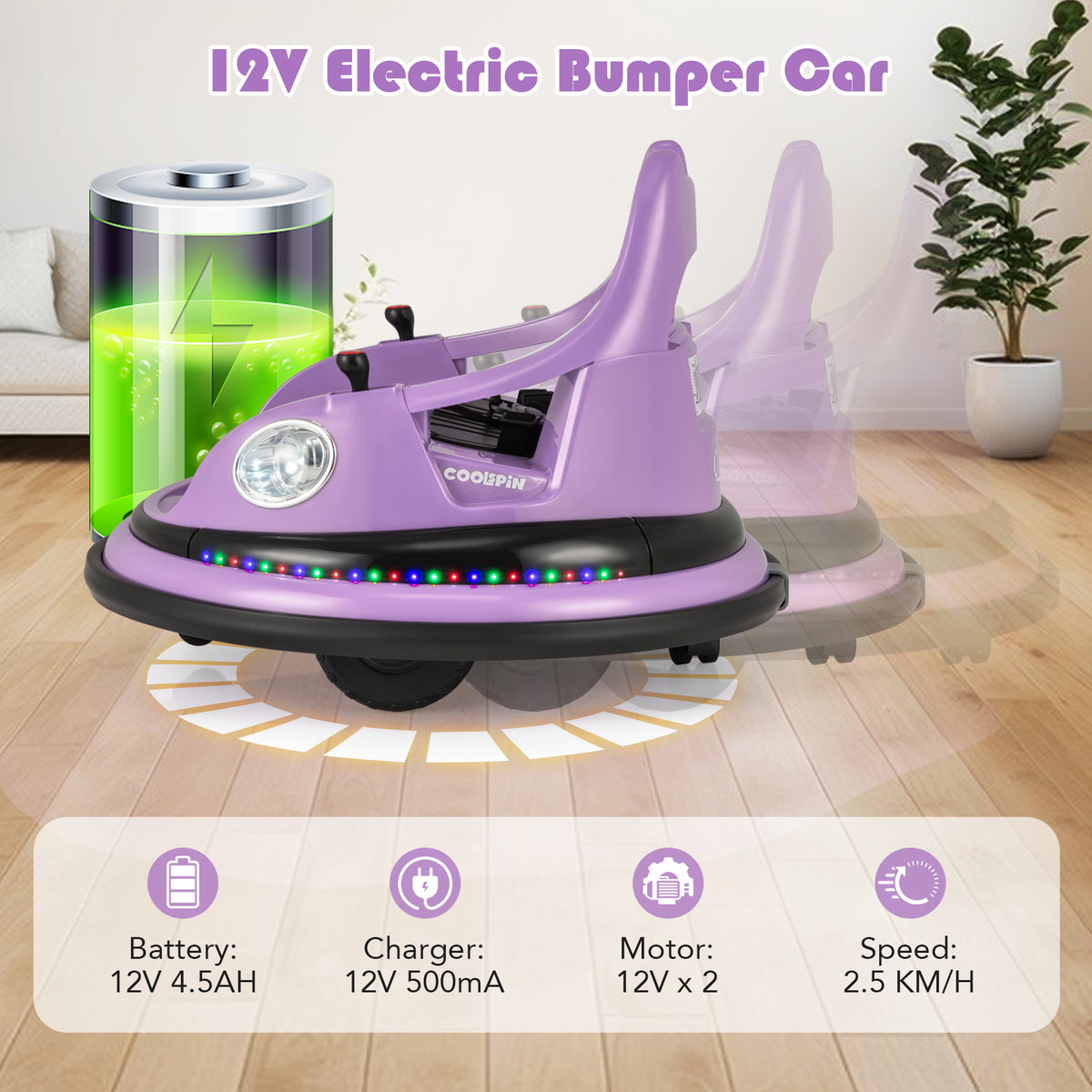 12V Kids Ride On Bumper Car with Dual Joysticks and 5 Light Effects-Purple
