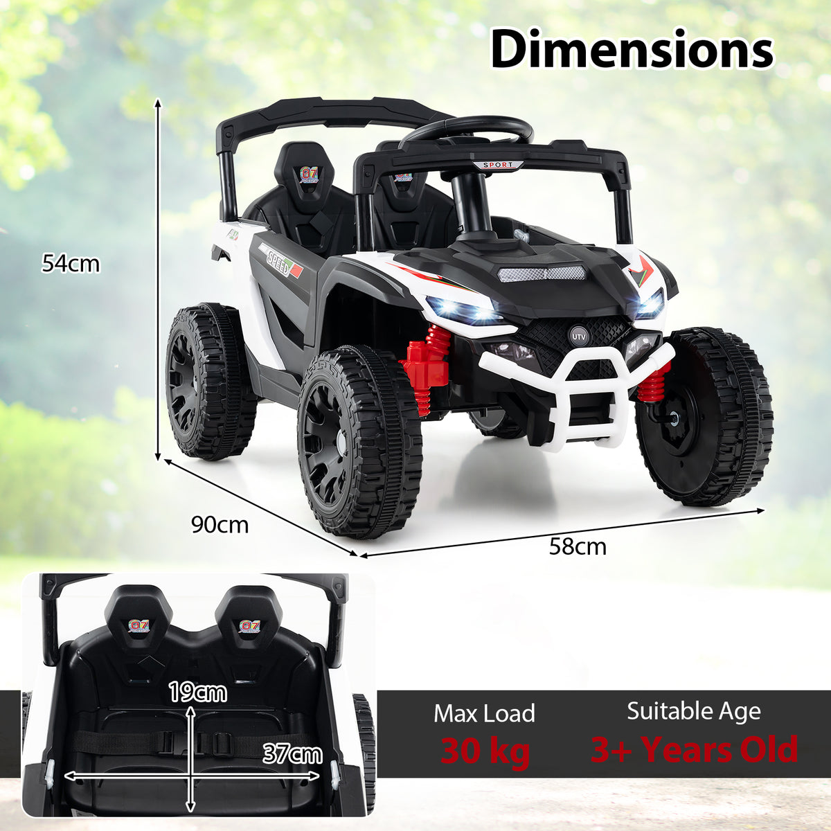 12V Kids Ride On Car Electric UTV with LED Lights and Music-White