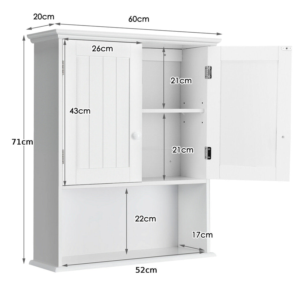 White wall cabinet with dimensions shown, including height and width
