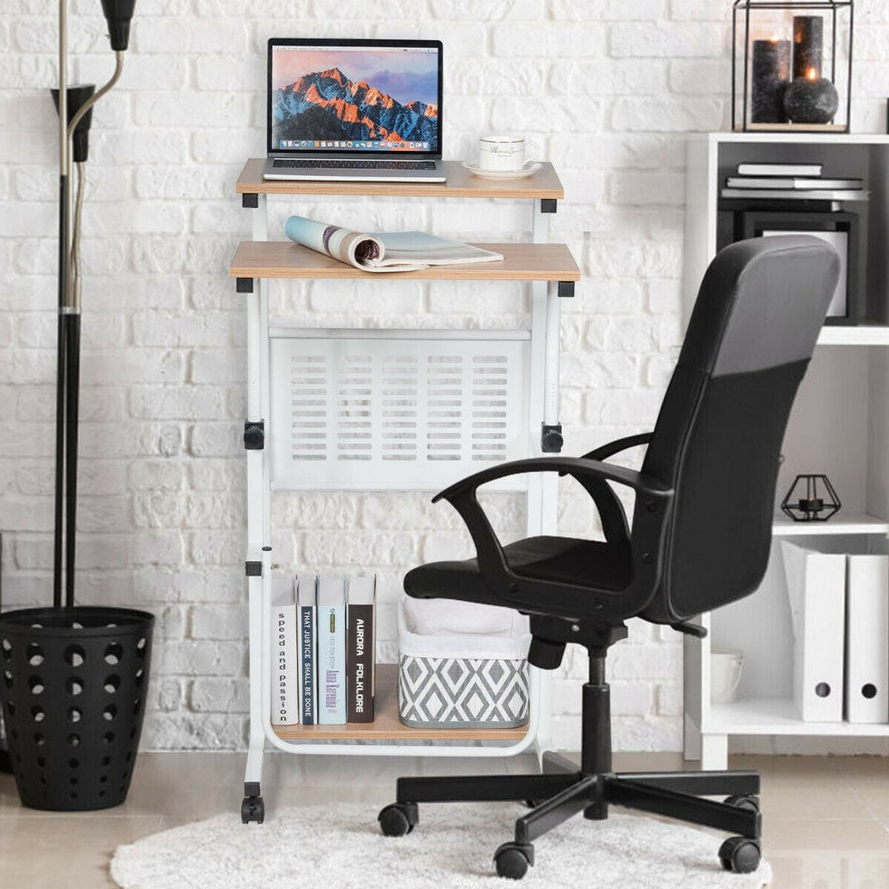 The mobile desk positioned next to a white bookshelf with a black office chair in front