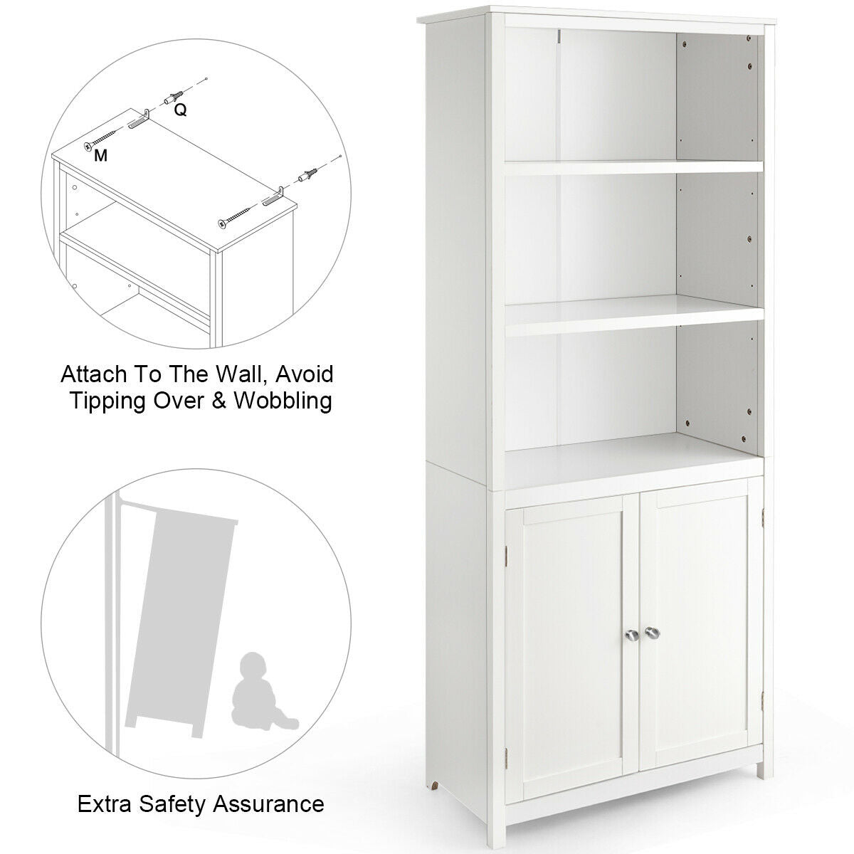 Wooden Tall Bookcase with 3-Tier Storage Cabinet-White