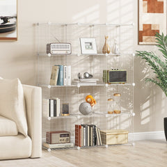 The white wire cube storage unit filled with books and decorative items in a living room setting