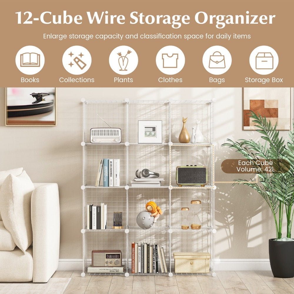 A white wire cube storage organizer with text detailing its features and capacity