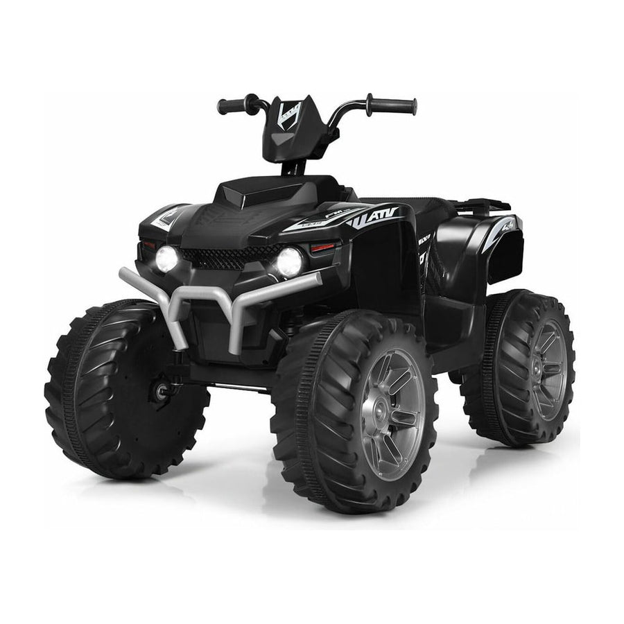 12v Electric Kids Ride On ATV / Quad Bike in black with large treaded wheels and front lights