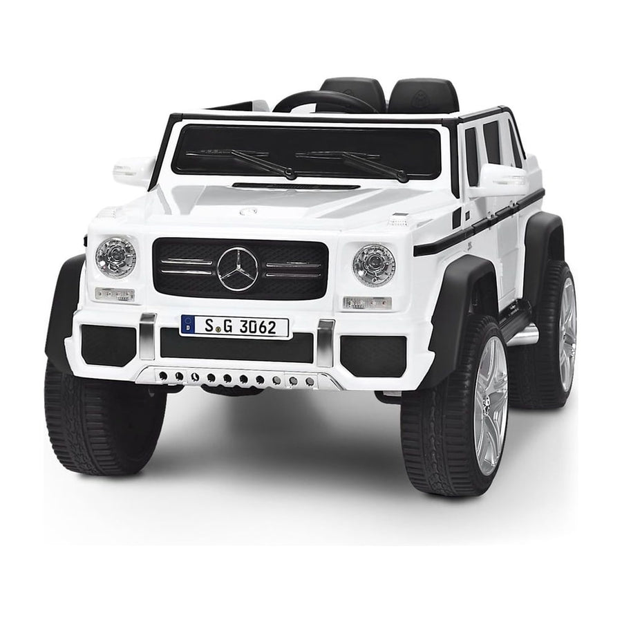 12V Electric Kids Ride On Car in white, front view with headlights on