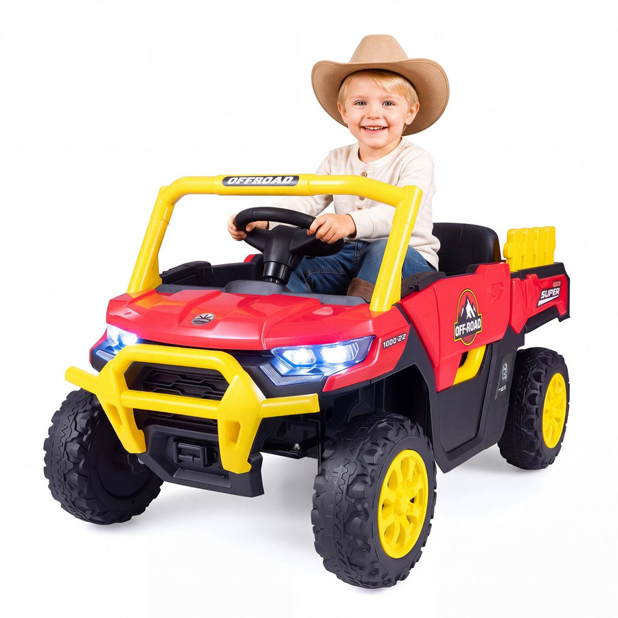 12V Kids Ride on Car with a child wearing a cowboy hat driving it