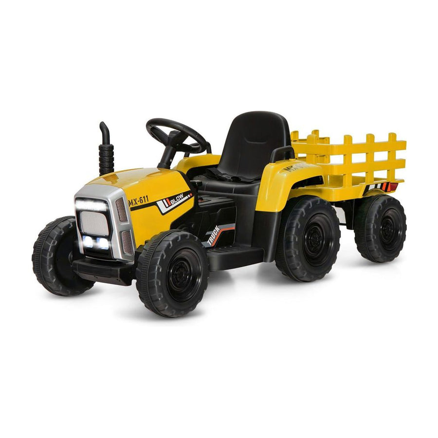 12V Kids Ride On Tractor with Trailer Music and LED Lights-Yellow, a yellow ride on tractor with a detachable trailer