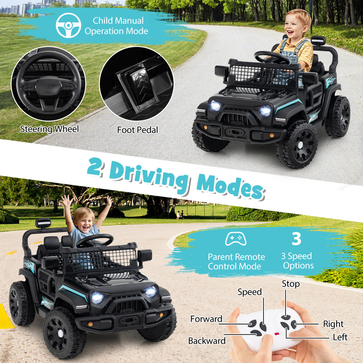 12V Kids Ride on Truck Car with Remote Control for Kid Over 3 Years Old-Black