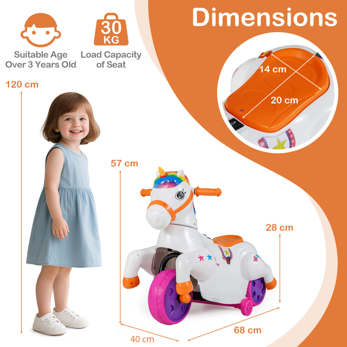 12V Unicorn Ride on Toy with Training Wheels for Kids-Orange
