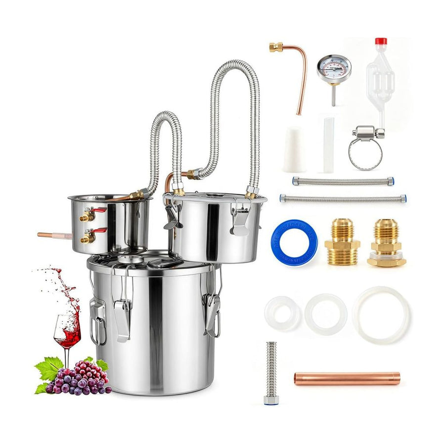 13.6L Stainless Steel Water Alcohol Distiller with Build-in Thermometer, showing all parts included in the box