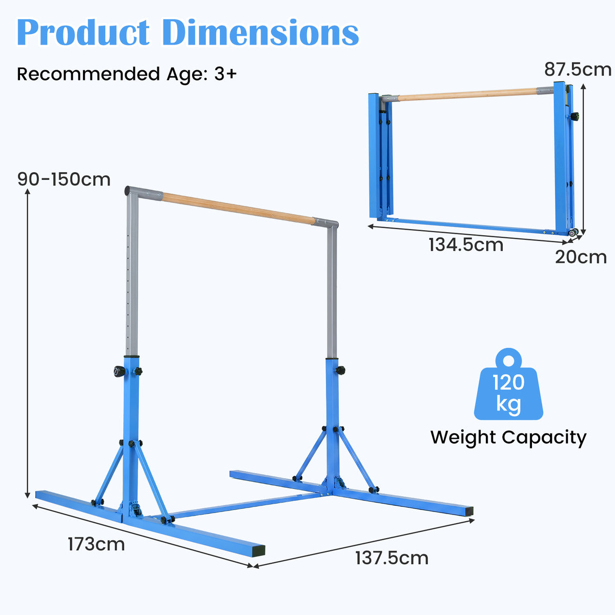 13-Level Adjustable Heights Foldable Gymnastics Bar for Kids-Blue