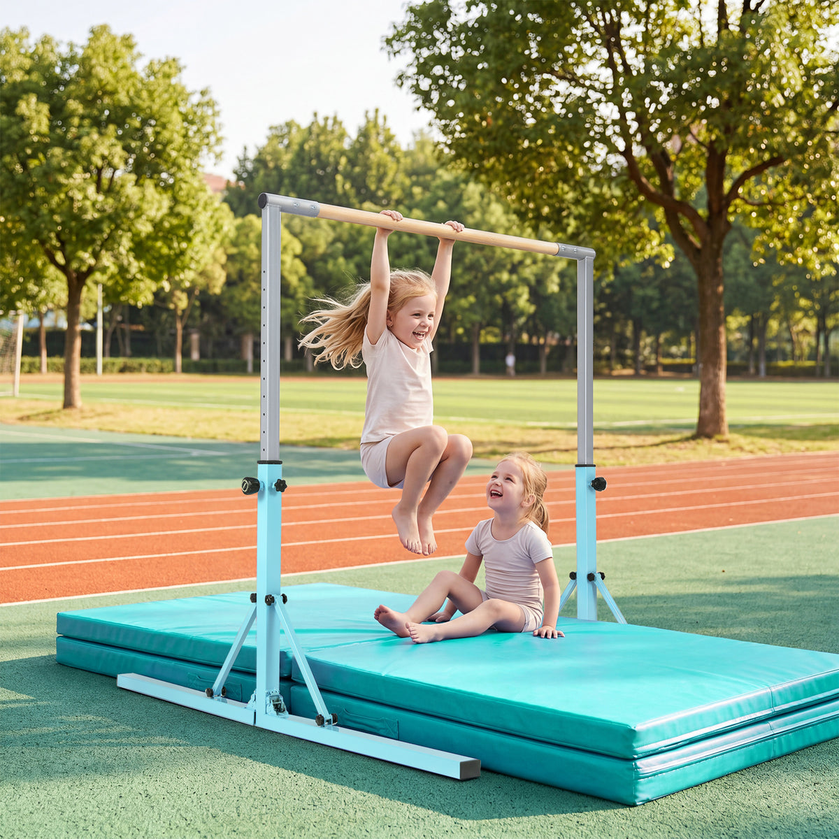 13-Level Adjustable Heights Foldable Gymnastics Bar for Kids-Green