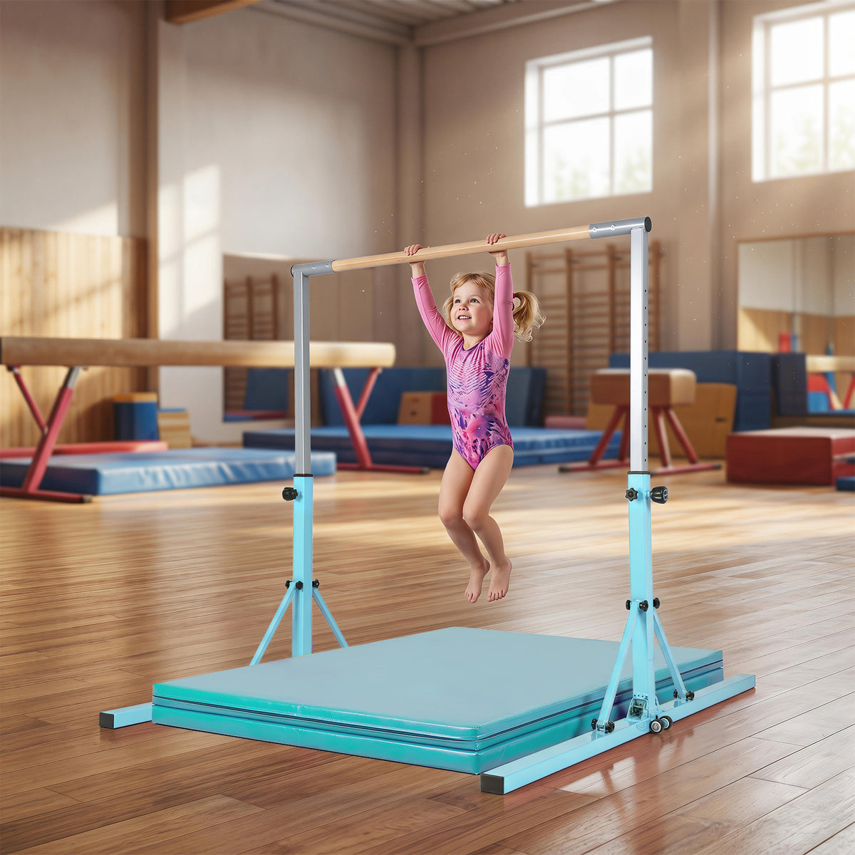 13-Level Adjustable Heights Foldable Gymnastics Bar for Kids-Green