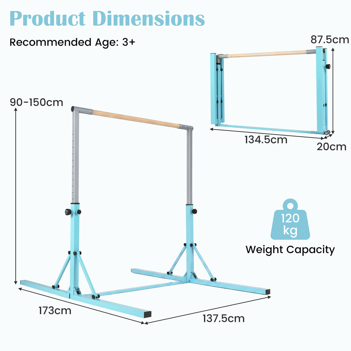 13-Level Adjustable Heights Foldable Gymnastics Bar for Kids-Green