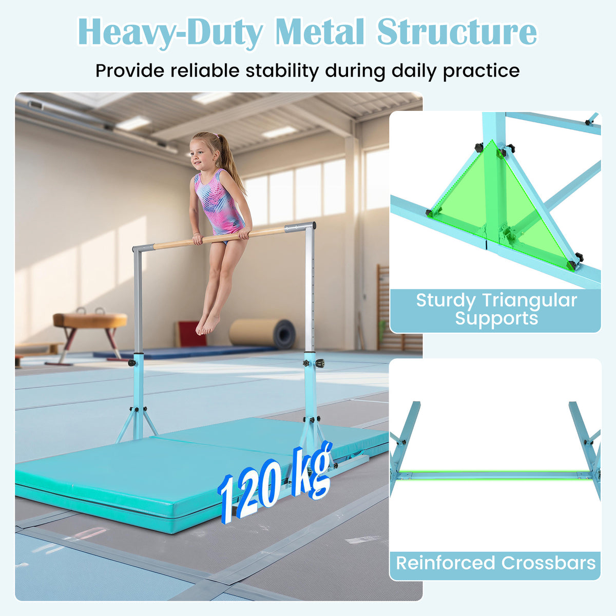 13-Level Adjustable Heights Foldable Gymnastics Bar for Kids-Green