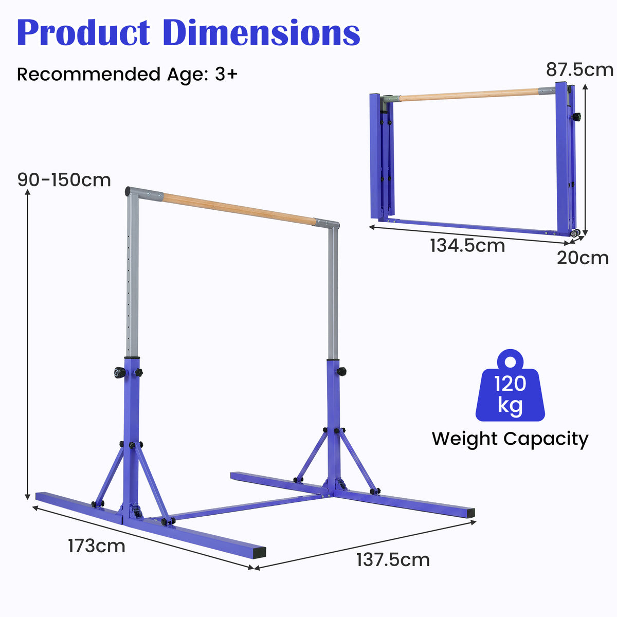 13-Level Adjustable Heights Foldable Gymnastics Bar for Kids-Purple