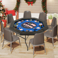 130 cm Foldable Poker Table with Padded Rails and Folding Legs for 8 Players-Blue