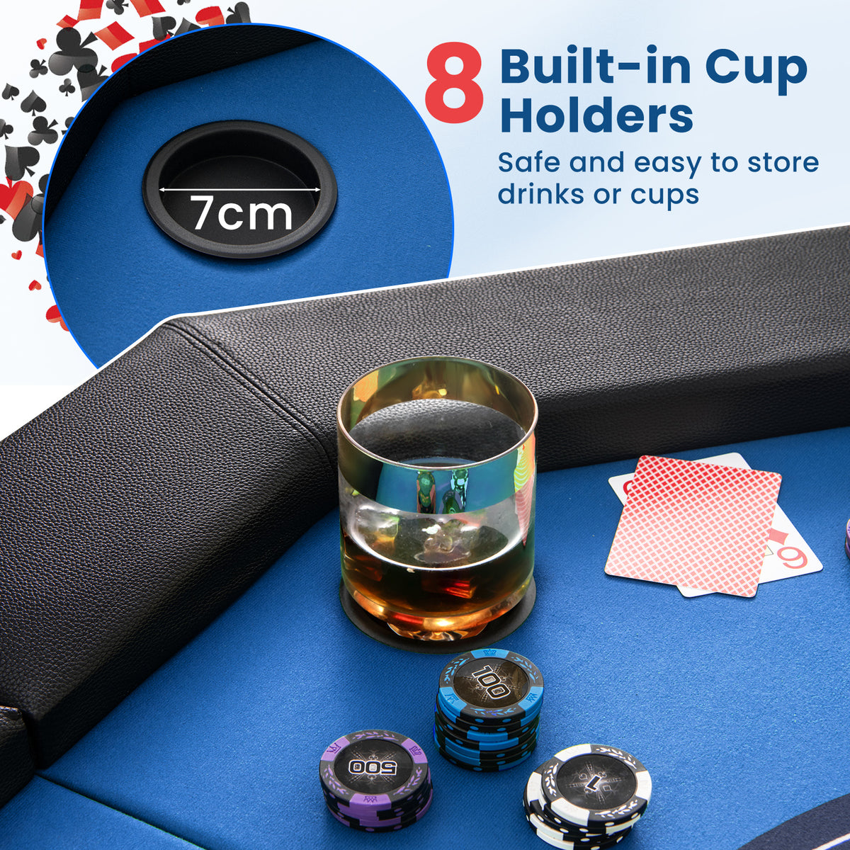 130 cm Foldable Poker Table with Padded Rails and Folding Legs for 8 Players-Blue