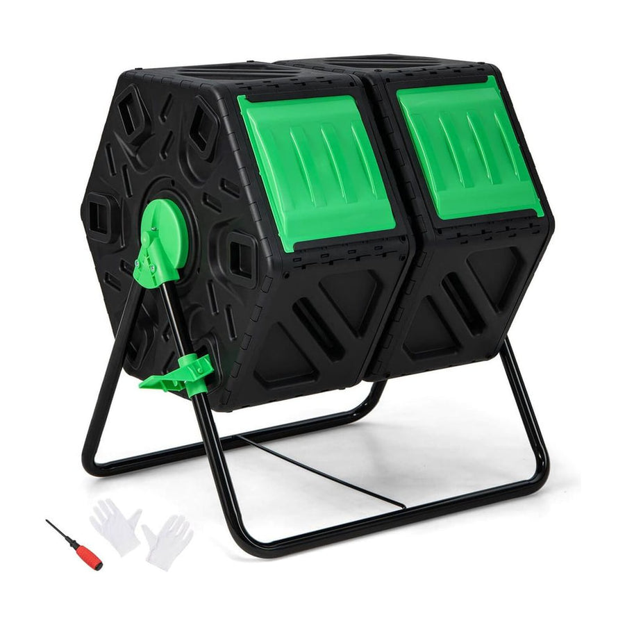 130L Rotating Tumbling Composter with Single Chamber on a white background with tools