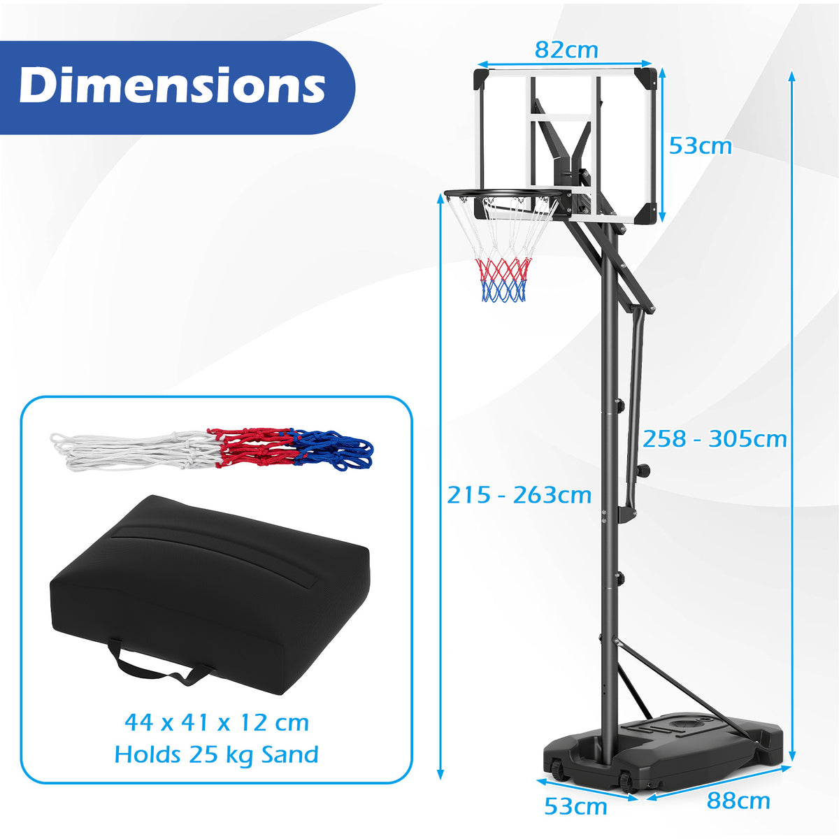 131-263 cm Height Adjustable Basketball Hoop with Weight Bag for Teens