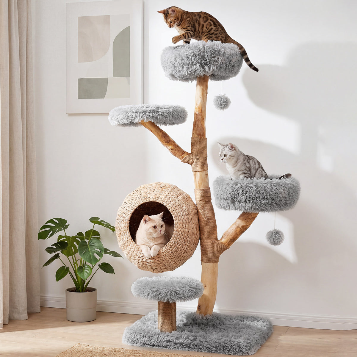 134CM 5-Tier Cat Tree with Woven Cat Condo and Hanging Balls-Grey
