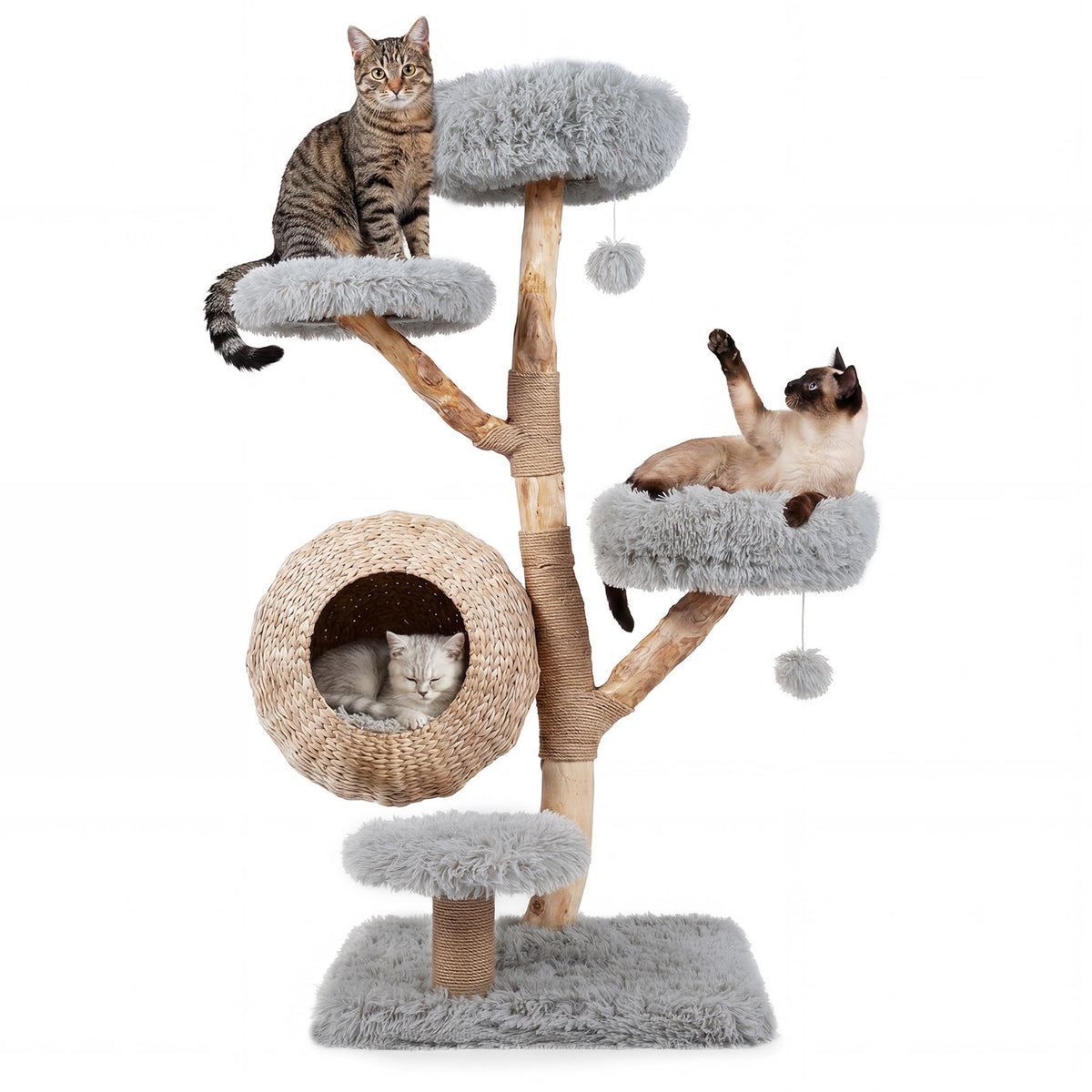 134CM 5-Tier Cat Tree with Woven Cat Condo and Hanging Balls-Grey