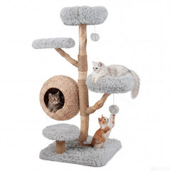 134CM 5-Tier Cat Tree with Woven Cat Condo and Hanging Balls-Grey