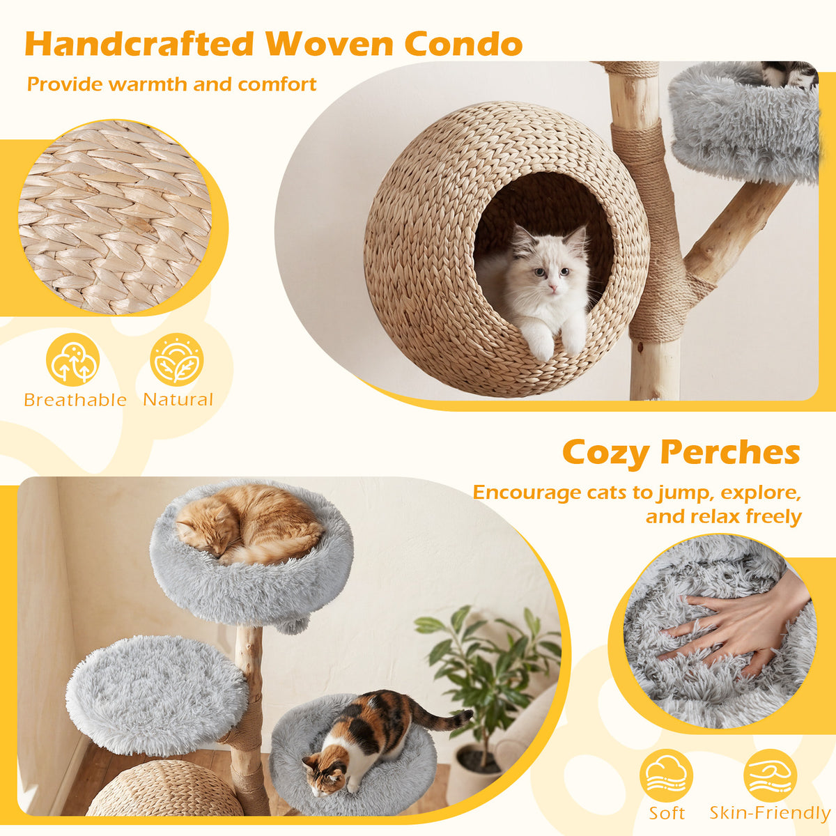 134CM 5-Tier Cat Tree with Woven Cat Condo and Hanging Balls-Grey